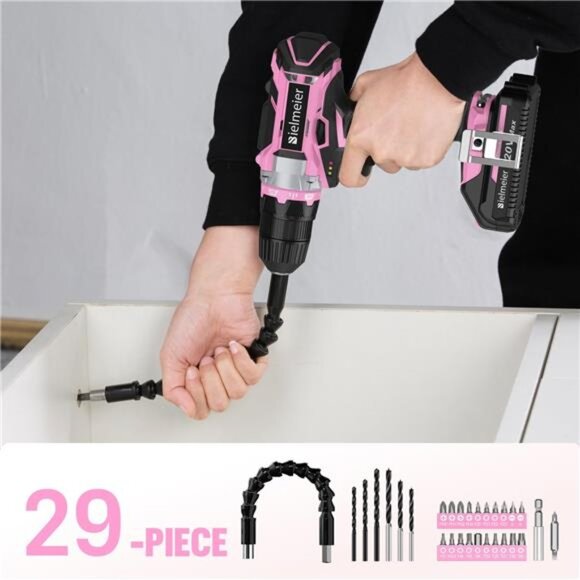 20V Pink Cordless Drill Set, Power drill kit with Lithium-Ion and charger - Picture 2 of 7
